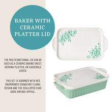 Rectangular ceramic baker with mint sides and white platter lid, green floral design