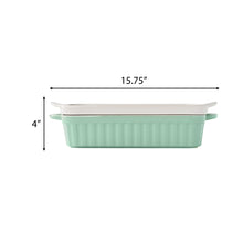 Rectangular mint-green ceramic baker with white lid, 15.75 in long
