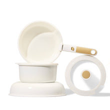Nonstick white pot and lid with detachable gold handle, stackable cookware set