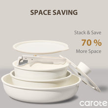 Stacked white pots with detachable handles and circular lid, space-saving cookware set