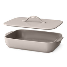 Taupe stoneware baking dish with lid, rectangular tray with side handles