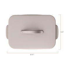 Taupe stoneware baking dish with matching lid pull handle, 15.4 x 9.8 in