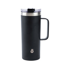 Black insulated travel coffee mug with clear lid and side handle
