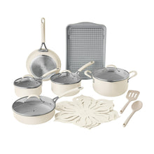 Cream ceramic cookware set with strainer lids and matching cookie sheet rack