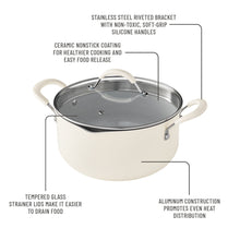 Cream ceramic stockpot with tempered glass strainer lid and side handles