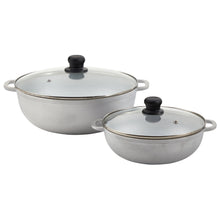 Cast aluminum caldero with clear glass lid and black knob, 2-piece set.