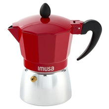 3-cup stovetop coffee maker with red lid, black handle, and brushed silver base