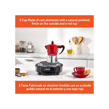3-cup cast aluminum stovetop coffee maker with red top, black knob, and polished base