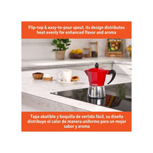Stovetop espresso maker with flip-top lid and red body, black spout and handle