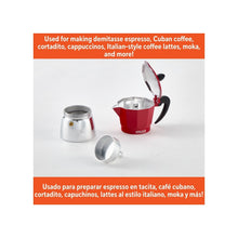 Stovetop espresso maker with red top and black handle, plus small metal cup