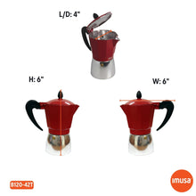 3-cup stovetop coffee maker shown with red body and black handle, silver base