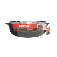IMUSA boxed black nonstick caldero with glass lid and wood-look handles