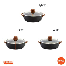 Black nonstick caldero with glass lid, wood-look knob and side handles