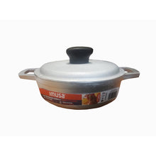 IMUSA cast aluminum caldero with lid, gray speckled finish, black knob and side handles.