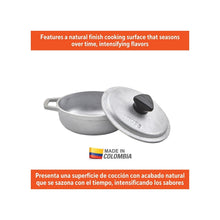 Cast aluminum caldero with lid, gray speckled surface and black knob.