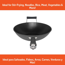 Preseasoned cast iron wok with two loop handles and black cooking surface