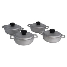 4-piece mini caldero set, gray cast aluminum pots with lids and black knob tops