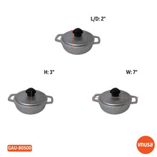 Mini caldero sizes shown: gray cast aluminum pot with lid; L/D 2 in, H 3 in, W 7 in