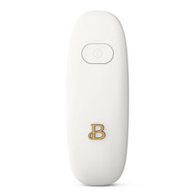 White hands-free electric can opener with push button and gold B logo