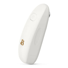 White hands-free electric can opener side view with gold B logo