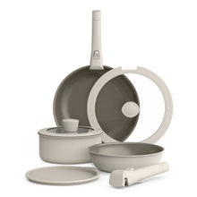 Oatmilk ceramic nonstick cookware set with removable handles and matching lids
