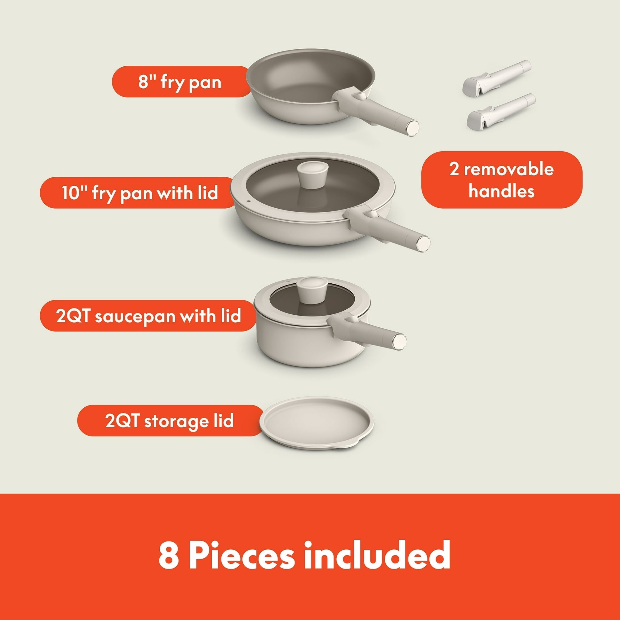bella 8-Piece Piece Ceramic Nonstick Cookware Set with Removable Handles, Oatmilk