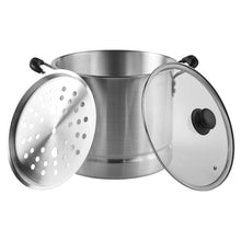 Aluminum steamer with glass lid, perforated steaming insert, black cool-touch handles