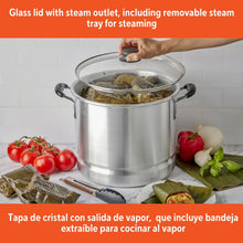 Aluminum steamer pot with glass lid and steam vent, removable steaming tray