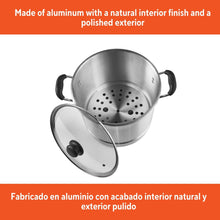 Aluminum steamer pot with perforated insert and glass lid, black handles