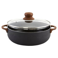 Black speckled ceramic caldero with glass lid and wood-look side handles