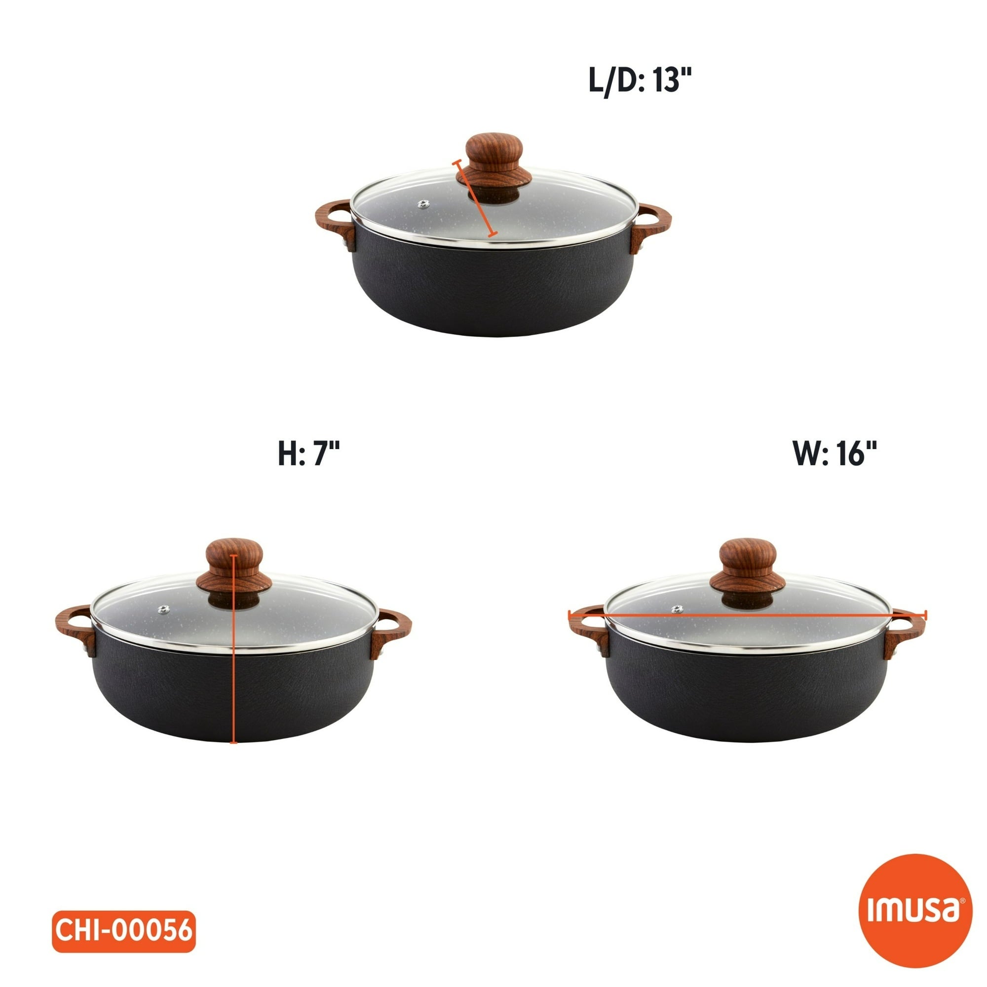IMUSA 9.0qt Black Stone Aluminum Speckled Ceramic Caldero with Glass Lid & Wood Look Handles, Black