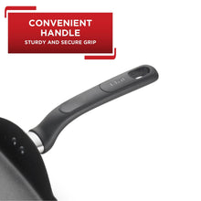 Grey nonstick griddle handle with T-fal logo and rivet attachment to pan