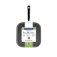 Square nonstick griddle pan with handle, back label showing 11 in size