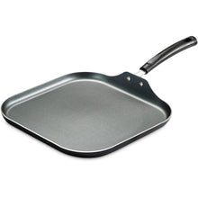 Gray square nonstick griddle pan with black handle and textured cooking surface