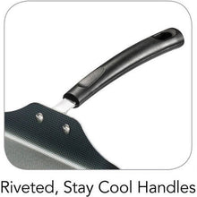 Square nonstick griddle handle with riveted mounting on dark pan base