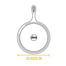 Seasoned cast iron griddle/comal size diagram, 10.625 in diameter
