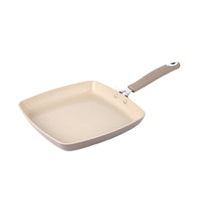 Square ceramic nonstick griddle with light beige pan and short side handle