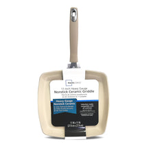 Square ceramic nonstick griddle shown with printed retail packaging label