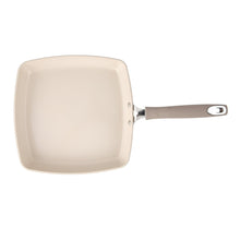 Square ceramic nonstick griddle with long handle and light beige cooking surface