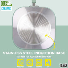 Square griddle pan induction base underside with stainless steel circular pattern.