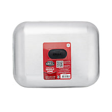 Stainless steel griddle dome with red product label on top