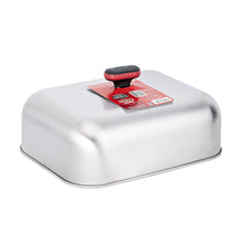 Stainless steel griddle dome with red top handle and black knob