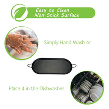 Oval black nonstick griddle with two side handles for easy hand washing or dishwasher cleaning