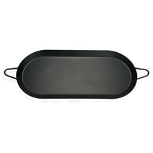 Black nonstick carbon steel griddle with two side handles and oval flat cooking surface