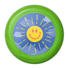 Green flying disk toy with blue sun face graphic