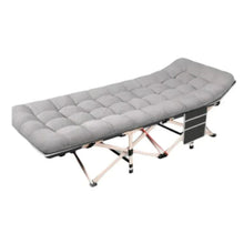 Gray padded folding camping cot with mattress and metal legs, double-layer style
