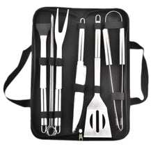 Stainless steel BBQ tool set in black carry bag with spatula, tongs, fork, knife, brush