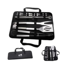 BBQ tool set with utensils laid out in black organizer and carry pouch