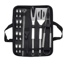 BBQ tool set in black zip pouch with stainless steel grilling utensils