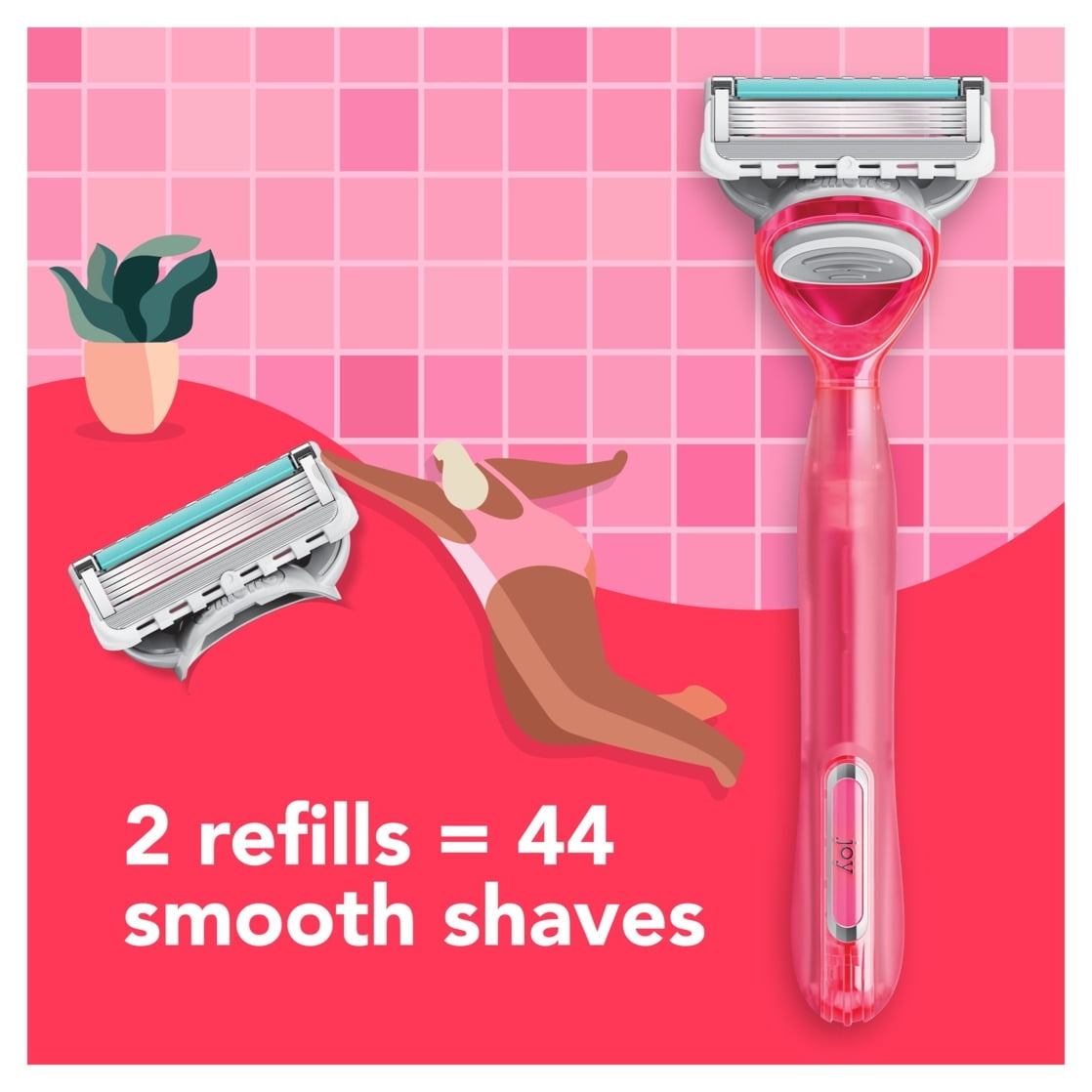 joy Razor for Women, 5 Blades, Manual Razor, Handle and 2 Razor Blade Refills, Neon Pink